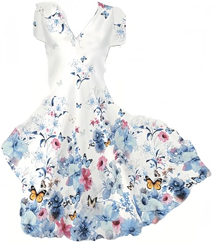 Ocean Plus Damen Casual Kurzärmeliges Kleid mit V-Ausschnitt und Großem Saum Blumen Knielang Bedruckter Rock (3XL, Schmetterlinge in Tuschemalerei) von Ocean Plus