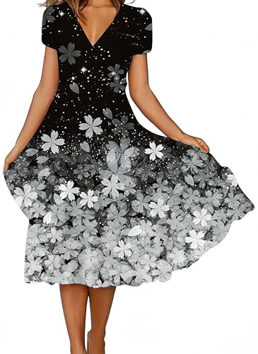 Ocean Plus Damen Casual Kurzärmeliges Kleid mit V-Ausschnitt und Großem Saum Blumen Knielang Bedruckter Rock (M, Silberkirschblüten) von Ocean Plus