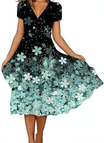 Ocean Plus Damen Casual Kurzärmeliges Kleid mit V-Ausschnitt und Großem Saum Blumen Knielang Bedruckter Rock (S, Grasgrüne Blumen) von Ocean Plus