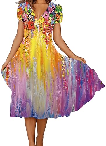 Ocean Plus Damen Casual Kurzärmeliges Kleid mit V-Ausschnitt und Großem Saum Blumen Knielang Bedruckter Rock (XL, Farbige Ölgemälde Blumen) von Ocean Plus