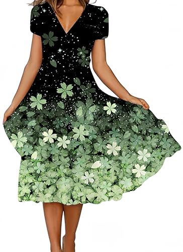 Ocean Plus Damen Casual Kurzärmeliges Kleid mit V-Ausschnitt und Großem Saum Blumen Knielang Bedruckter Rock (XL, Hellgrüne Blumen) von Ocean Plus