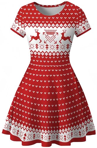 Ocean Plus Damen Sternenhimmel Digitaldruck A-Linien Kurzarmkleid mit Rundhalsausschnitt Kurzärmliges T-Shirt Kleid Swingrock Schaukelrock (M (EU 34-36), Weihnachtselch) von Ocean Plus