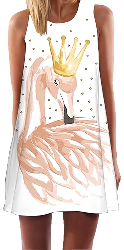 Ocean Plus Damen Casual Top Freizeit Flamingo Blätter Sommer Ärmellos Kleider Ohne Arm Westenkleid Partykleid Sommerkleid Minikleid Strandkleid (L (EU 38-40), Flamingo Krone) von Ocean Plus