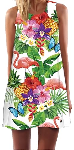 Ocean Plus Damen Casual Top Freizeit Flamingo Blätter Sommer Ärmellos Kleider Ohne Arm Westenkleid Partykleid Sommerkleid Minikleid Strandkleid (L (EU 38-40), Flamingo Schmetterling auf Weiß) von Ocean Plus