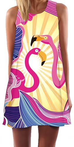 Ocean Plus Damen Casual Top Freizeit Flamingo Blätter Sommer Ärmellos Kleider Ohne Arm Westenkleid Partykleid Sommerkleid Minikleid Strandkleid (L (EU 38-40), Goldene helle Flamingos) von Ocean Plus