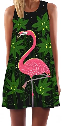 Ocean Plus Damen Casual Top Freizeit Flamingo Blätter Sommer Ärmellos Kleider Ohne Arm Westenkleid Partykleid Sommerkleid Minikleid Strandkleid (L (EU 38-40), Grünblättrige Flamingos) von Ocean Plus