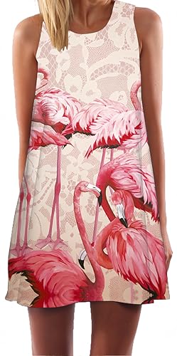 Ocean Plus Damen Casual Top Freizeit Flamingo Blätter Sommer Ärmellos Kleider Ohne Arm Westenkleid Partykleid Sommerkleid Minikleid Strandkleid (L (EU 38-40), Rote Flamingos) von Ocean Plus