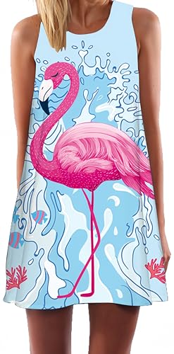 Ocean Plus Damen Casual Top Freizeit Flamingo Blätter Sommer Ärmellos Kleider Ohne Arm Westenkleid Partykleid Sommerkleid Minikleid Strandkleid (L (EU 38-40), Spritzwasser Flamingo) von Ocean Plus