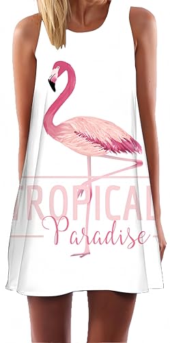 Ocean Plus Damen Casual Top Freizeit Flamingo Blätter Sommer Ärmellos Kleider Ohne Arm Westenkleid Partykleid Sommerkleid Minikleid Strandkleid (L (EU 38-40), Tropischer Flamingo) von Ocean Plus