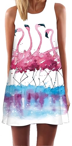 Ocean Plus Damen Casual Top Freizeit Flamingo Blätter Sommer Ärmellos Kleider Ohne Arm Westenkleid Partykleid Sommerkleid Minikleid Strandkleid (L (EU 38-40), Vier rosa Flamingos) von Ocean Plus