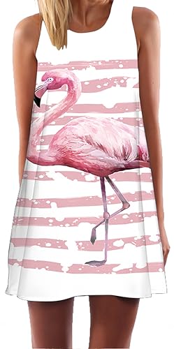 Ocean Plus Damen Casual Top Freizeit Flamingo Blätter Sommer Ärmellos Kleider Ohne Arm Westenkleid Partykleid Sommerkleid Minikleid Strandkleid (M (EU 36-38), Flamingo Rosa Streifen) von Ocean Plus