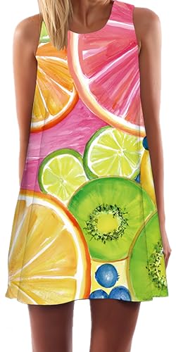 Ocean Plus Damen Casual Top Freizeit Flamingo Blätter Sommer Ärmellos Kleider Ohne Arm Westenkleid Partykleid Sommerkleid Minikleid Strandkleid (M (EU 36-38), Obst) von Ocean Plus