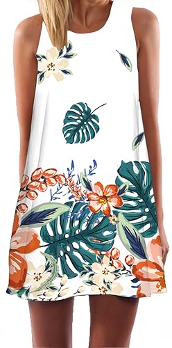 Ocean Plus Damen Casual Top Freizeit Flamingo Blätter Sommer Ärmellos Kleider Ohne Arm Westenkleid Partykleid Sommerkleid Minikleid Strandkleid (S (EU 34-36), Grüne Blätter und rote Blumen) von Ocean Plus