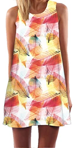 Ocean Plus Damen Casual Top Freizeit Flamingo Blätter Sommer Ärmellos Kleider Ohne Arm Westenkleid Partykleid Sommerkleid Minikleid Strandkleid (S (EU 34-36), Orangefarbene Blätter) von Ocean Plus