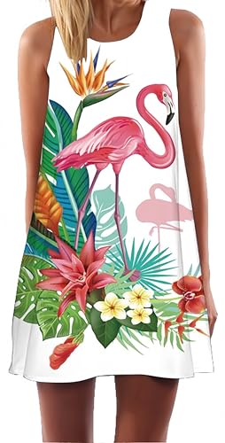 Ocean Plus Damen Casual Top Freizeit Flamingo Blätter Sommer Ärmellos Kleider Ohne Arm Westenkleid Partykleid Sommerkleid Minikleid Strandkleid (S (EU 34-36), Pflanzen und Flamingos) von Ocean Plus