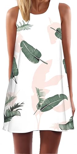 Ocean Plus Damen Casual Top Freizeit Flamingo Blätter Sommer Ärmellos Kleider Ohne Arm Westenkleid Partykleid Sommerkleid Minikleid Strandkleid (S (EU 34-36), Rosa grüne Blätter) von Ocean Plus