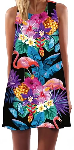 Ocean Plus Damen Casual Top Freizeit Flamingo Blätter Sommer Ärmellos Kleider Ohne Arm Westenkleid Partykleid Sommerkleid Minikleid Strandkleid (XL (EU 40-42), Flamingo Schmetterling auf Schwarzem) von Ocean Plus