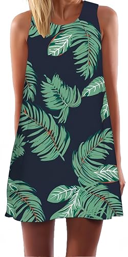 Ocean Plus Damen Casual Top Freizeit Flamingo Blätter Sommer Ärmellos Kleider Ohne Arm Westenkleid Partykleid Sommerkleid Minikleid Strandkleid (XL (EU 40-42), Grüne Blätter auf dunkelblauem) von Ocean Plus