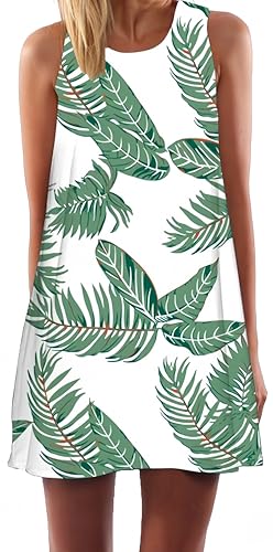 Ocean Plus Damen Casual Top Freizeit Flamingo Blätter Sommer Ärmellos Kleider Ohne Arm Westenkleid Partykleid Sommerkleid Minikleid Strandkleid (XL (EU 40-42), Grüne Blätter auf weiß) von Ocean Plus