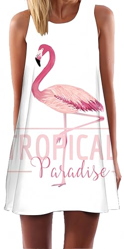 Ocean Plus Damen Casual Top Freizeit Flamingo Blätter Sommer Ärmellos Kleider Ohne Arm Westenkleid Partykleid Sommerkleid Minikleid Strandkleid (XXL (EU 42-44), Tropischer Flamingo) von Ocean Plus