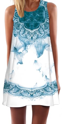 Ocean Plus Damen Casual Top Freizeit Flamingo Blätter Sommer Ärmellos Kleider Ohne Arm Westenkleid Partykleid Sommerkleid Minikleid Strandkleid (XXL (EU 42-44), Aquablauer Rauch) von Ocean Plus