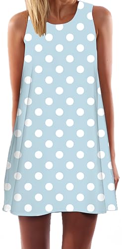 Ocean Plus Damen Casual Top Freizeit Flamingo Blätter Sommer Ärmellos Kleider Ohne Arm Westenkleid Partykleid Sommerkleid Minikleid Strandkleid (XXL (EU 42-44), Blaue und weiße Punkte) von Ocean Plus