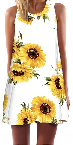 Ocean Plus Damen Casual Top Freizeit Flamingo Blätter Sommer Ärmellos Kleider Ohne Arm Westenkleid Partykleid Sommerkleid Minikleid Strandkleid (XXL (EU 42-44), Weiße Sonnenblumen) von Ocean Plus