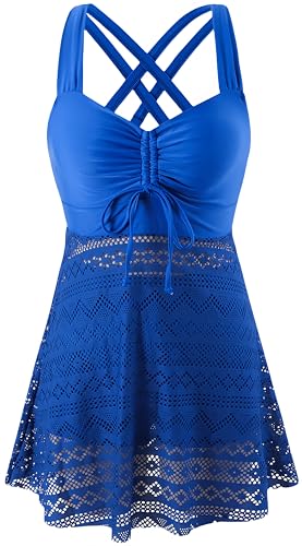 Ocean Plus Damen Elagant Tankini Top Spitze Rückenfreier Zweiteilig Badeanzug zum Abnehmen in Einfarbiger mit Brustpolster ohne Stahlstütze (L (EU 38-40), Königsblau) von Ocean Plus
