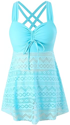 Ocean Plus Damen Elagant Tankini Top Spitze Rückenfreier Zweiteilig Badeanzug zum Abnehmen in Einfarbiger mit Brustpolster ohne Stahlstütze (XL (EU 40-42), Himmelblau) von Ocean Plus