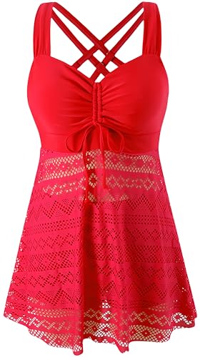 Ocean Plus Damen Elagant Tankini Top Spitze Rückenfreier Zweiteilig Badeanzug zum Abnehmen in Einfarbiger mit Brustpolster ohne Stahlstütze (XL (EU 40-42), Rot) von Ocean Plus