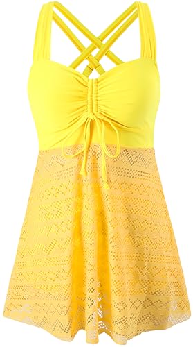 Ocean Plus Damen Elagant Tankini Top Spitze Rückenfreier Zweiteilig Badeanzug zum Abnehmen in Einfarbiger mit Brustpolster ohne Stahlstütze (XXL (EU 42-44), Gelb) von Ocean Plus