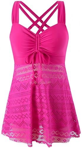 Ocean Plus Damen Elagant Tankini Top Spitze Rückenfreier Zweiteilig Badeanzug zum Abnehmen in Einfarbiger mit Brustpolster ohne Stahlstütze (XXL (EU 42-44), Lila rosa) von Ocean Plus