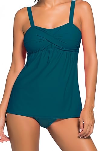 Ocean Plus Damen Eleganter Figurumspielender Tankini mit Slip Bauchweg Bügellos Unifarben Zweiteilig Bademode mit Verstellbaren Träger (3XL (EU 44-46), Pfauengrün) von Ocean Plus