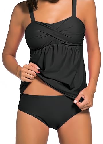 Ocean Plus Damen Eleganter Figurumspielender Tankini mit Slip Bauchweg Bügellos Unifarben Zweiteiliger Tankini Set mit Verstellbaren Trägern (3XL (EU 44-46), Schwarz) von Ocean Plus