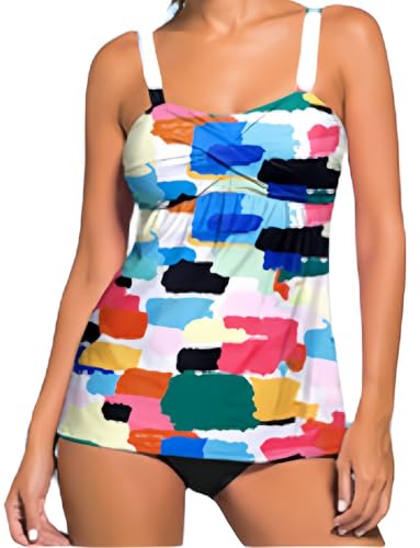 Ocean Plus Damen Eleganter Figurumspielender Tankini mit Slip Bauchweg Bügellos Unifarben Zweiteilig Bademode mit Verstellbaren Träger (L (EU 38-40), Farbige Quadrate) von Ocean Plus