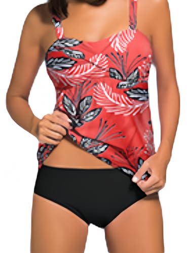 Ocean Plus Damen Eleganter Figurumspielender Tankini mit Slip Bauchweg Bügellos Unifarben Zweiteilig Bademode mit Verstellbaren Träger (L (EU 38-40), Rote Blumen) von Ocean Plus