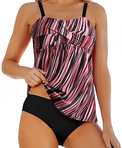 Ocean Plus Damen Eleganter Figurumspielender Tankini mit Slip Bauchweg Bügellos Unifarben Zweiteilig Bademode mit Verstellbaren Träger (XL (EU 40-42), Rot-Schwarz) von Ocean Plus