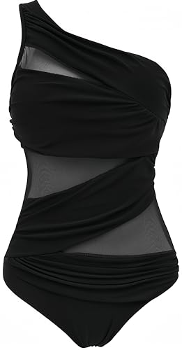 Ocean Plus Damen Figurformender Netzartiger Asymmetrie Badeanzug Unifarben Mesh Hochgeschlossen Netz One Piece Übergröße Bademode Große Größen (3XL (EU 44-46), Asymmetrie Schwarz) von Ocean Plus