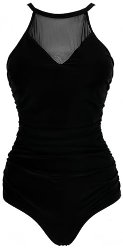 Ocean Plus Damen Figurformender Netzartiger Asymmetrie Badeanzug Unifarben Mesh Hochgeschlossen Netz One Piece Übergröße Bademode Große Größen (4XL (EU 46-48), Netz Schwarz) von Ocean Plus