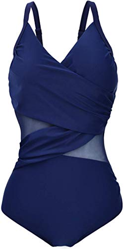 Ocean Plus Damen Figurformender Netzartiger Asymmetrie Badeanzug Unifarben Mesh Hochgeschlossen Netz One Piece Übergröße Bademode Große Größen (4XL (EU 46-48), Träger Marineblau) von Ocean Plus