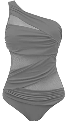 Ocean Plus Damen Figurformender Netzartiger Asymmetrie Badeanzug Unifarben Mesh Hochgeschlossen Netz One Piece Übergröße Bademode Große Größen (L (EU 38-40), Asymmetrie Grau) von Ocean Plus