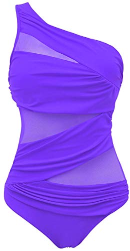 Ocean Plus Damen Figurformender Netzartiger Asymmetrie Badeanzug Unifarben Mesh Hochgeschlossen Netz One Piece Übergröße Bademode Große Größen (L (EU 38-40), Asymmetrie Violett) von Ocean Plus