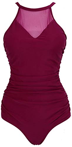 Ocean Plus Damen Figurformender Netzartiger Asymmetrie Badeanzug Unifarben Mesh Hochgeschlossen Netz One Piece Übergröße Bademode Große Größen (M (EU 36-38), Netz Weinrot) von Ocean Plus