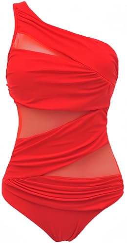 Ocean Plus Damen Figurformender Netzartiger Asymmetrie Badeanzug Unifarben Mesh Hochgeschlossen Netz One Piece Übergröße Bademode Große Größen (XL (EU 40-42), Asymmetrie Rot) von Ocean Plus