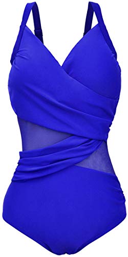 Ocean Plus Damen Figurformender Netzartiger Asymmetrie Badeanzug Unifarben Mesh Hochgeschlossen Netz One Piece Übergröße Bademode Große Größen (XXL (EU 42-44), Träger Saphirblau) von Ocean Plus