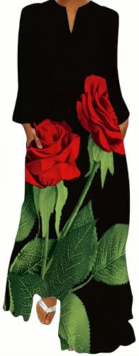 Ocean Plus Damen Frühlings- und Sommerkleid mit Langem Rock V-Ausschnitt Langen Ärmeln mit Taschen und Lockerem Blumendruck (3XL, Rosen) von Ocean Plus