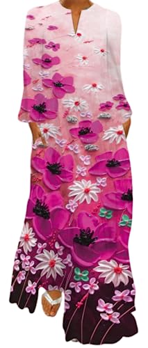 Ocean Plus Damen Frühlings- und Sommerkleid mit Langem Rock V-Ausschnitt Langen Ärmeln mit Taschen und Lockerem Blumendruck (4XL, Rosa Blumenölgemälde) von Ocean Plus