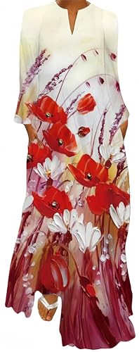 Ocean Plus Damen Frühlings- und Sommerkleid mit Langem Rock V-Ausschnitt Langen Ärmeln mit Taschen und Lockerem Blumendruck (4XL, Rotblumen-Ölgemälde) von Ocean Plus