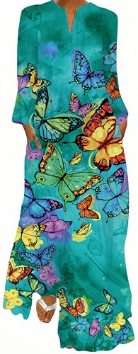 Ocean Plus Damen Frühlings- und Sommerkleid mit Langem Rock V-Ausschnitt Langen Ärmeln mit Taschen und Lockerem Blumendruck (L, Aquagrüne Schmetterlinge) von Ocean Plus