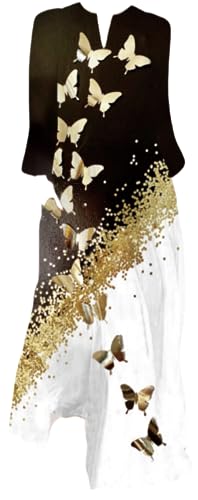 Ocean Plus Damen Frühlings- und Sommerkleid mit Langem Rock V-Ausschnitt Langen Ärmeln mit Taschen und Lockerem Blumendruck (L, Schwarz-weiß-goldene Schmetterlinge) von Ocean Plus